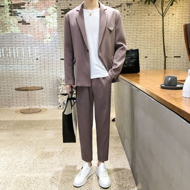 【予約販売】メンズ セットアップ スーツ 無地 シック スリム スタイリッシュ シンプル 韓国 男前 ブルーグレー/パープル/ブラック ジャケット パンツ セット セットアップ ビジネス 通勤 フォーマル パーティ 二次会 同窓会 結婚式 韓国 こなれ感 トレンド 春 夏 大きいサイズ M/L/XL/2XL/3XL
