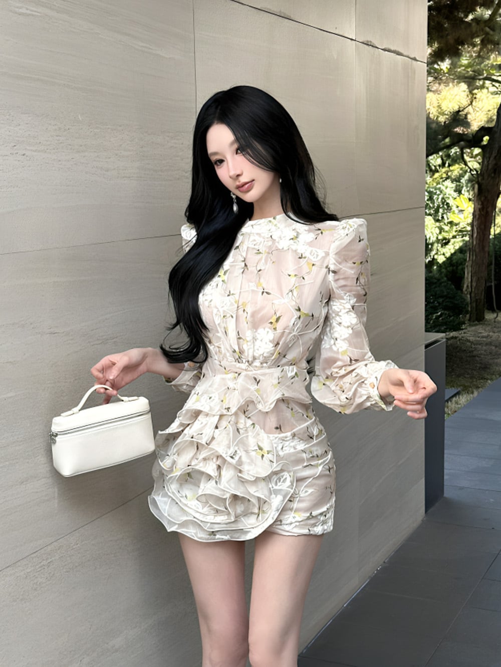 #ワンホン|フラワーアートステッチレイヤリングロングスリーブワンピース