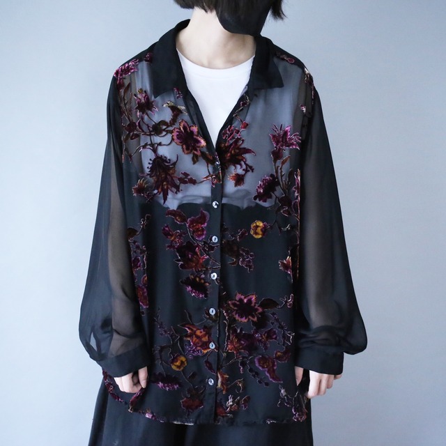 flower velours pattern loose black see-through shirt