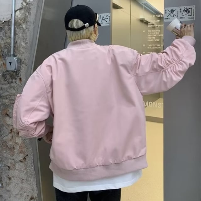 予約販売】ブルゾン MA-1 アウター アーミー ジップアップ 無地 ピンク