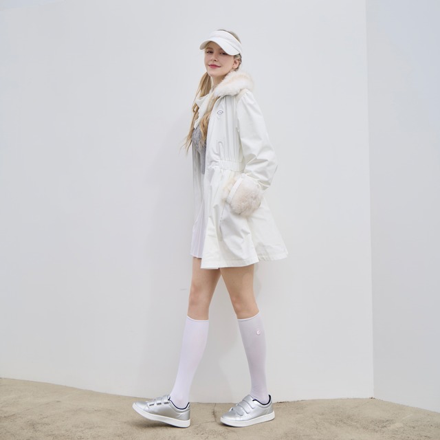 4-way fur windbreaker dress Transformable  windbreaker Dress(White)