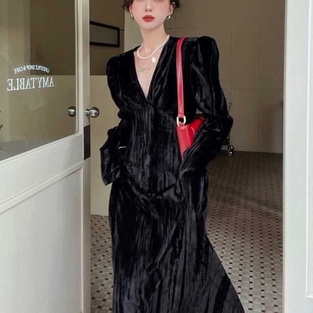 CLANE ロングワンピース ベロア ドット お呼ばれドレス ブラック vネック CLANE ロングワンピース ベロア ドット お呼ばれドレス ブラック v