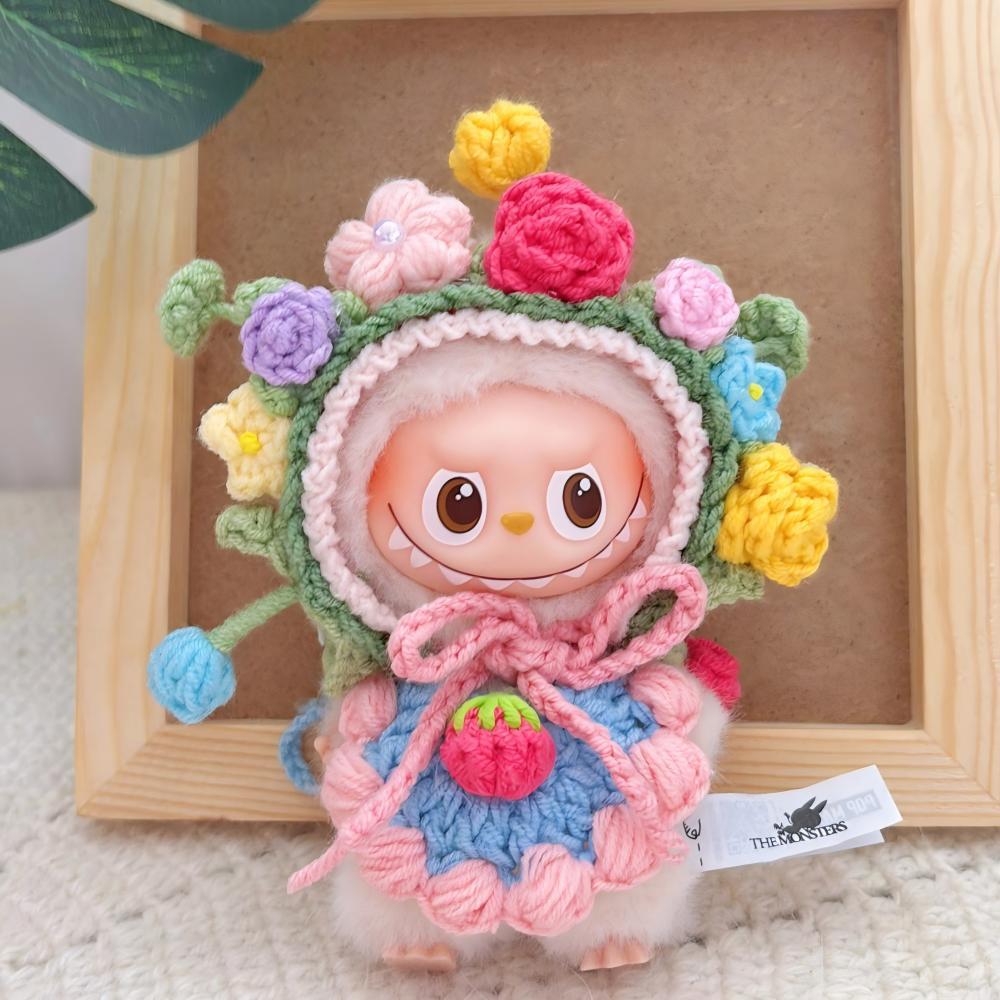 ラブブ 4代対応 カラフル 手編みスタイ＋お花ニット帽 Labubu