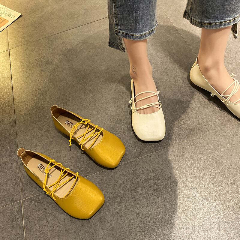 フラットシングルシューズ女性2020春エンドウ豆春モデル正方形ヘッドレトロ春と秋の浅い口妖精スタイルレースアップおばあちゃん靴潮 部族の婦人靴4471641