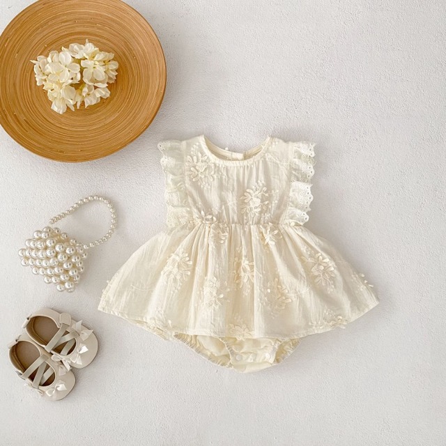 【BABY】フローラ刺繍レースフリルワンピースロンパース - 1