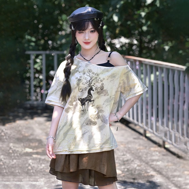 【古怪舍---鹿煙シリーズ】★チャイナ風トップス★ Tシャツ  オリジナル フェイクレイヤード 鹿柄プリント