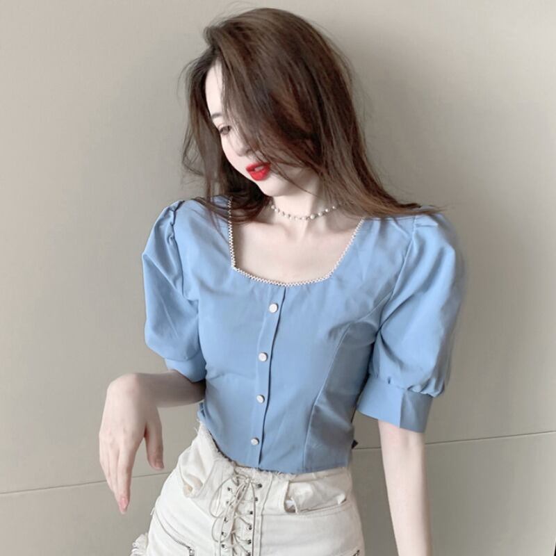 サマーシャツ パールスリーブショートトップス 夏物 真珠 スクウェア ステッチ ハンチェンe95450541436