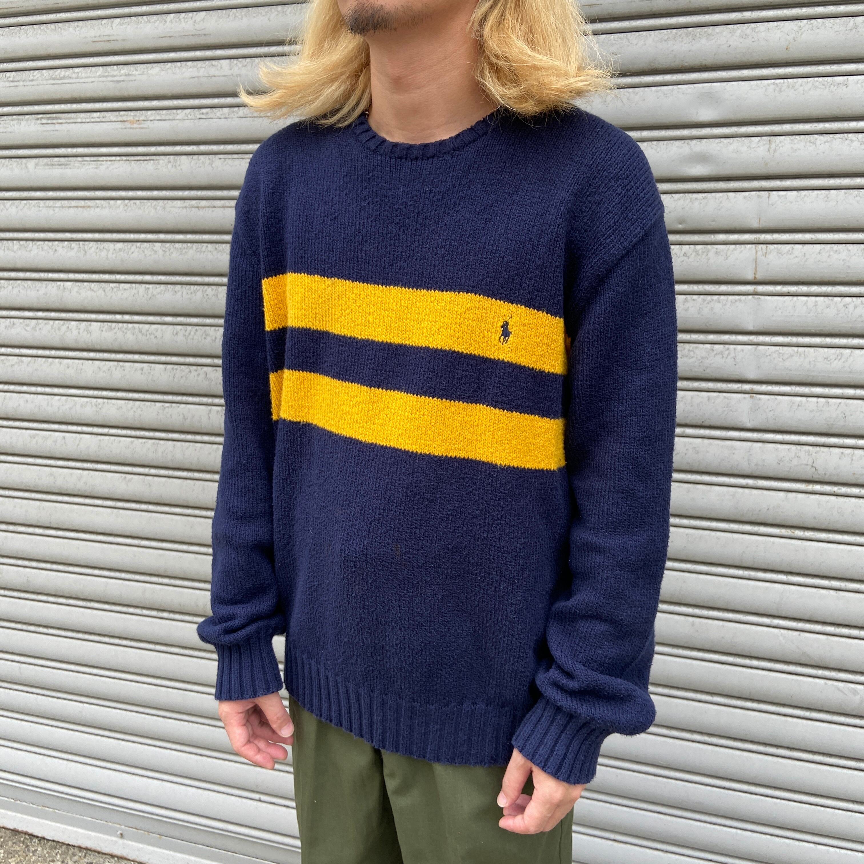 80s RalphLauren ボーダー柄コットンセーター ポニーロゴ 紺 XL | 古着