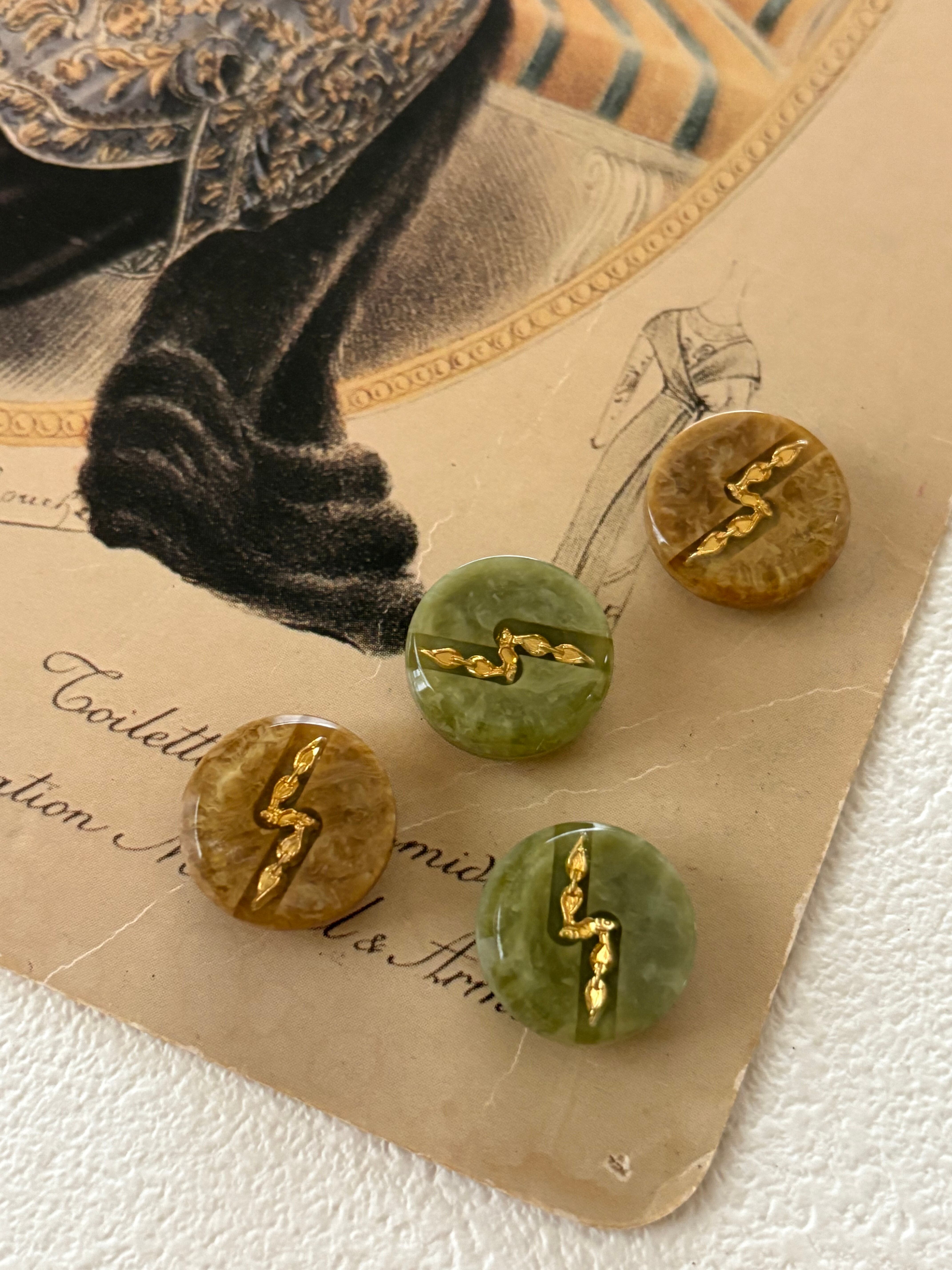 Japanese Vintage ボタン グリーン系/ブラウン系 ゴールド 15mm マーブル調 昭和レトロ アクセサリーパーツ 装飾材 カルトナージュ
