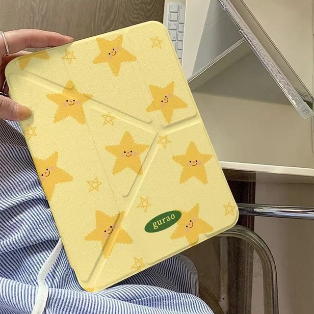【iPadカバー】お星様がいっぱい◎イエロー Y字折りたたみ タブレット スター 背面クリア アイパッド 黄色 星柄 iPadケース ND-16334