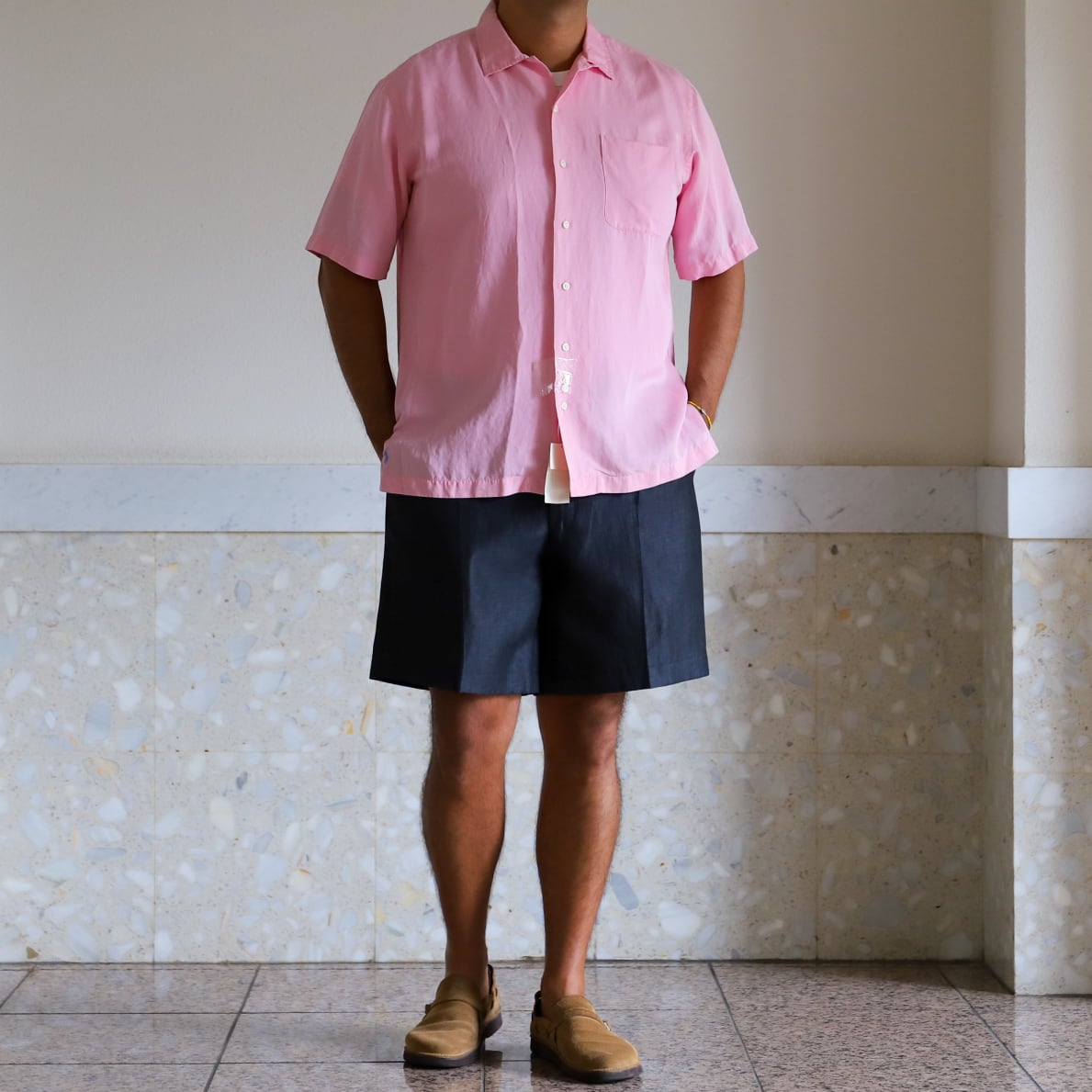 未使用】90s Ralph Lauren special silk linen open collar shirt big