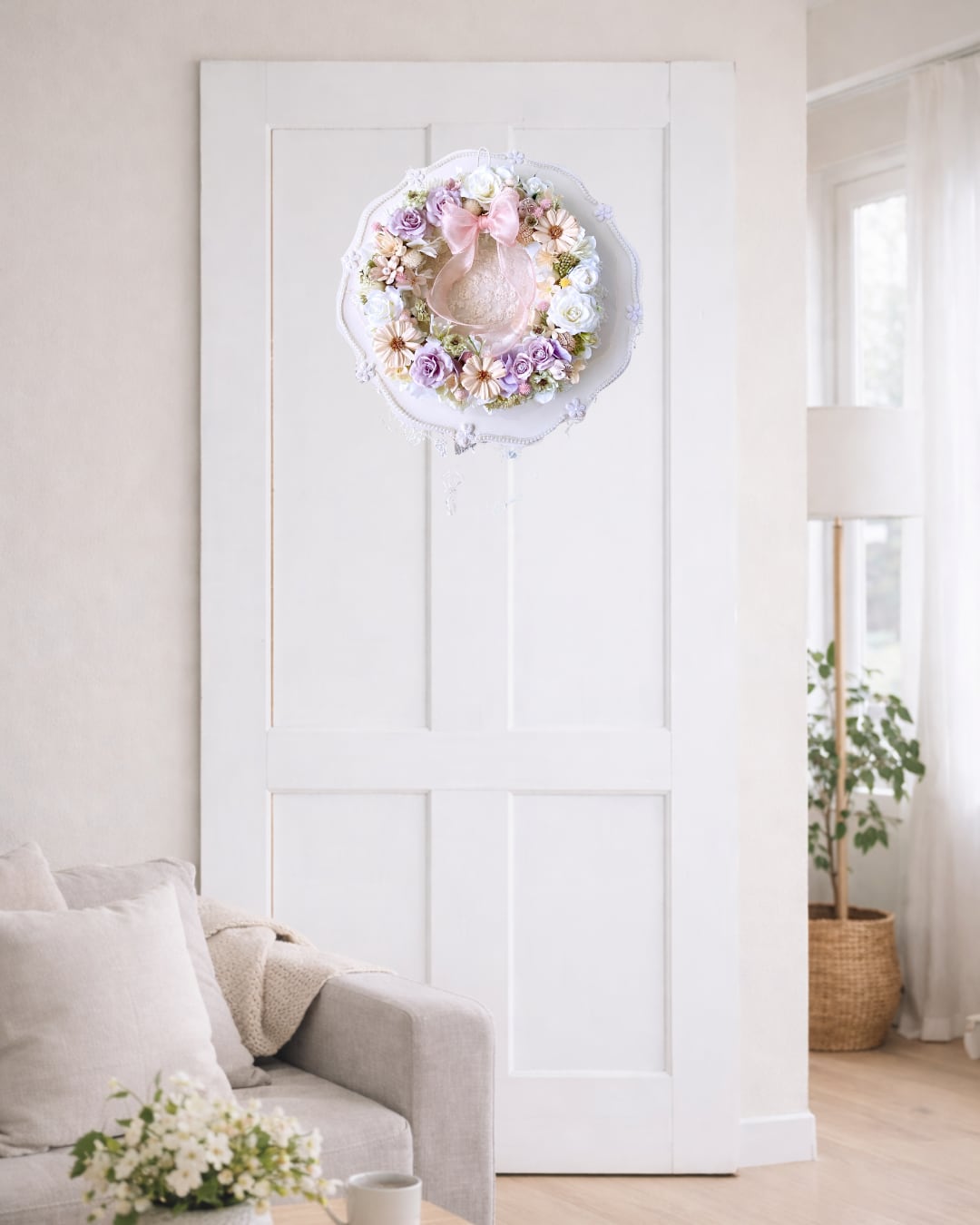 紫陽花とバラの花リース【WR-009】径23㎝│やさしい春色｜インテリア｜ギフトフラワー｜母の日のギフト