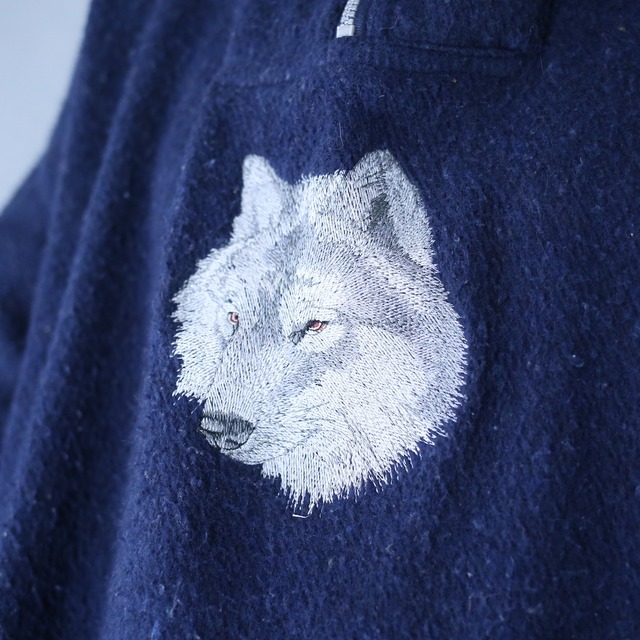 "狼×刺繍" over silhouette half-zip high-neck fleece pullover