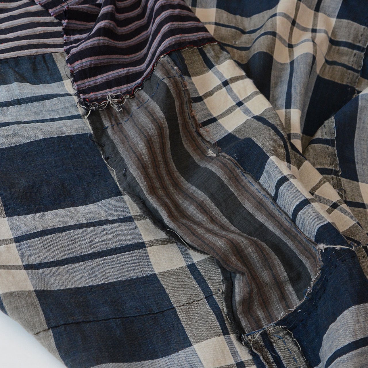 布団皮 木綿 藍染格子×縞模様 古布 リメイク素材 襤褸 ジャパン
