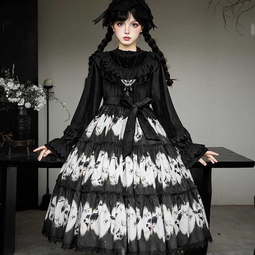 ゴスロリ ワンピース 胡蝶蘭柄 ケーキスカート PUJI | ロリータ