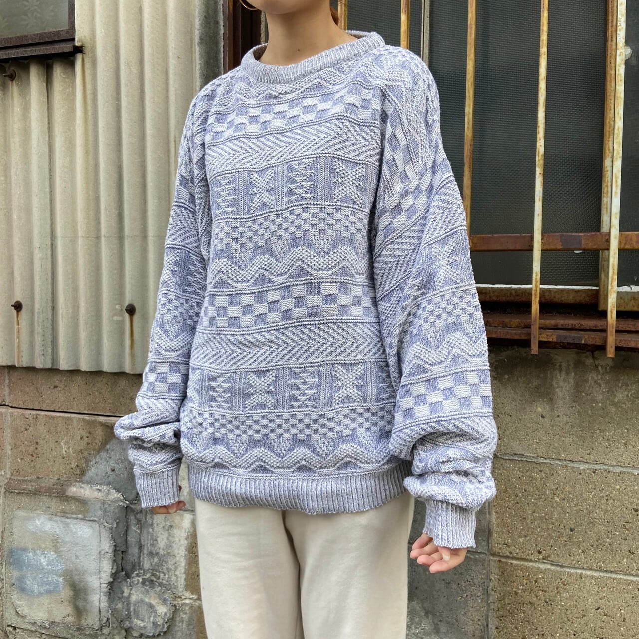 Usa製 Royal North Mills Outfiters 3dニット 幾何学柄 総柄 コットン ニットセーター メンズl 古着 ホワイト グレー 白 ニットセーター Cave 古着屋 公式 古着通販サイト
