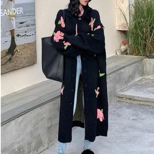 ３d floral mid-length knit cardigan oversized＜c1454＞