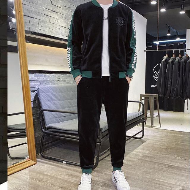 【予約販売】メンズ セットアップ 上下 ベロア調 ブラック グレー 長袖 防寒 ジム スポーツウエア カジュアル 秋冬 大きいサイズ M/L/XL/2XL/3XL/4XL