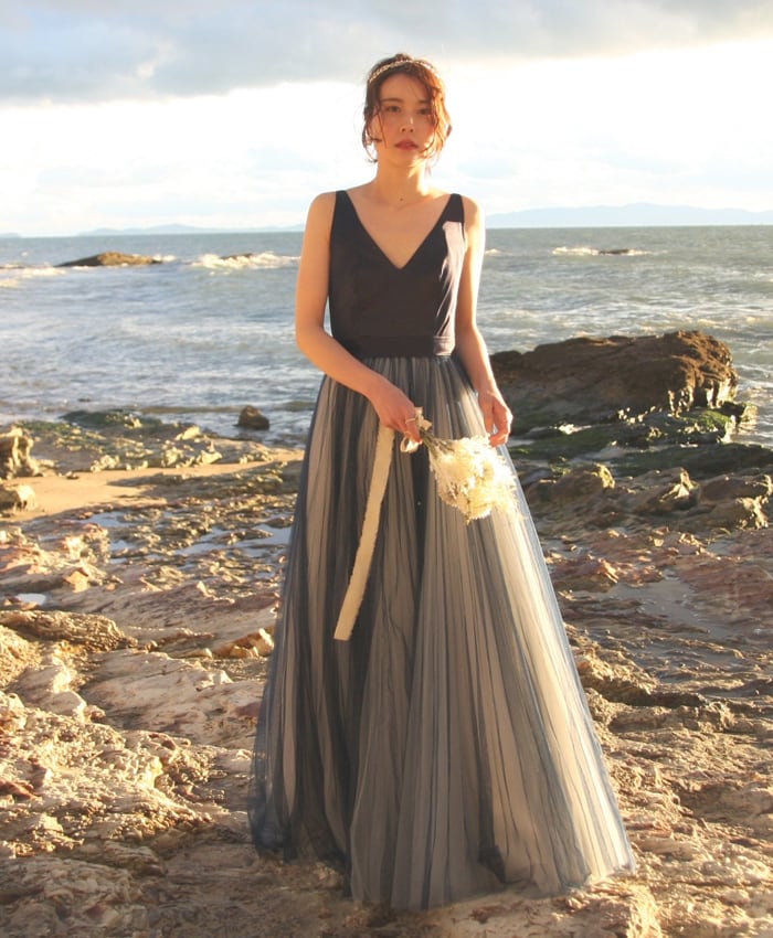 【WEB限定商品】【THE URBAN BLANCHE ORIGINAL 】チュール プリーツ カラードレス ネイビー ブルー  挙式 前撮り ウエディングドレス 結婚式 持込ドレス フォトウェディング  挙式 2次会 家族式  花嫁 ドレス  商品番号:37692375/CD07 東京(表参道)名古屋(覚王山)大阪(南船場)福岡(博多)