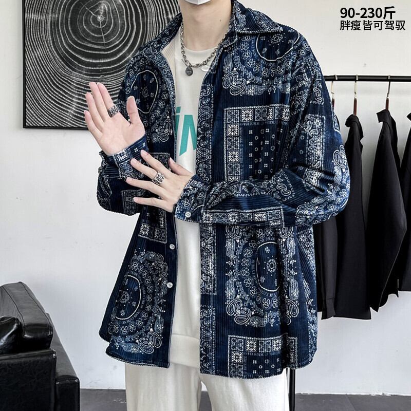 Flowerデザイン シャツ オータムルーズカジュアルコーデュロイジャケット 大きめサイズ 秋物 フラワーデザイン ヒップホッププラスサイズ76721343122