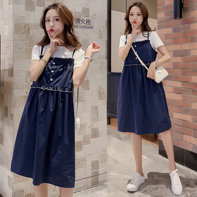 【新作】【送料無料】 マタニティウェア2020夏の新しいファッションコットンとリネンのミドル丈サスペンダースカート+ Tシャツ小さな新鮮なツーピース妊婦-アリババ サマー 夏物 expec274370287781