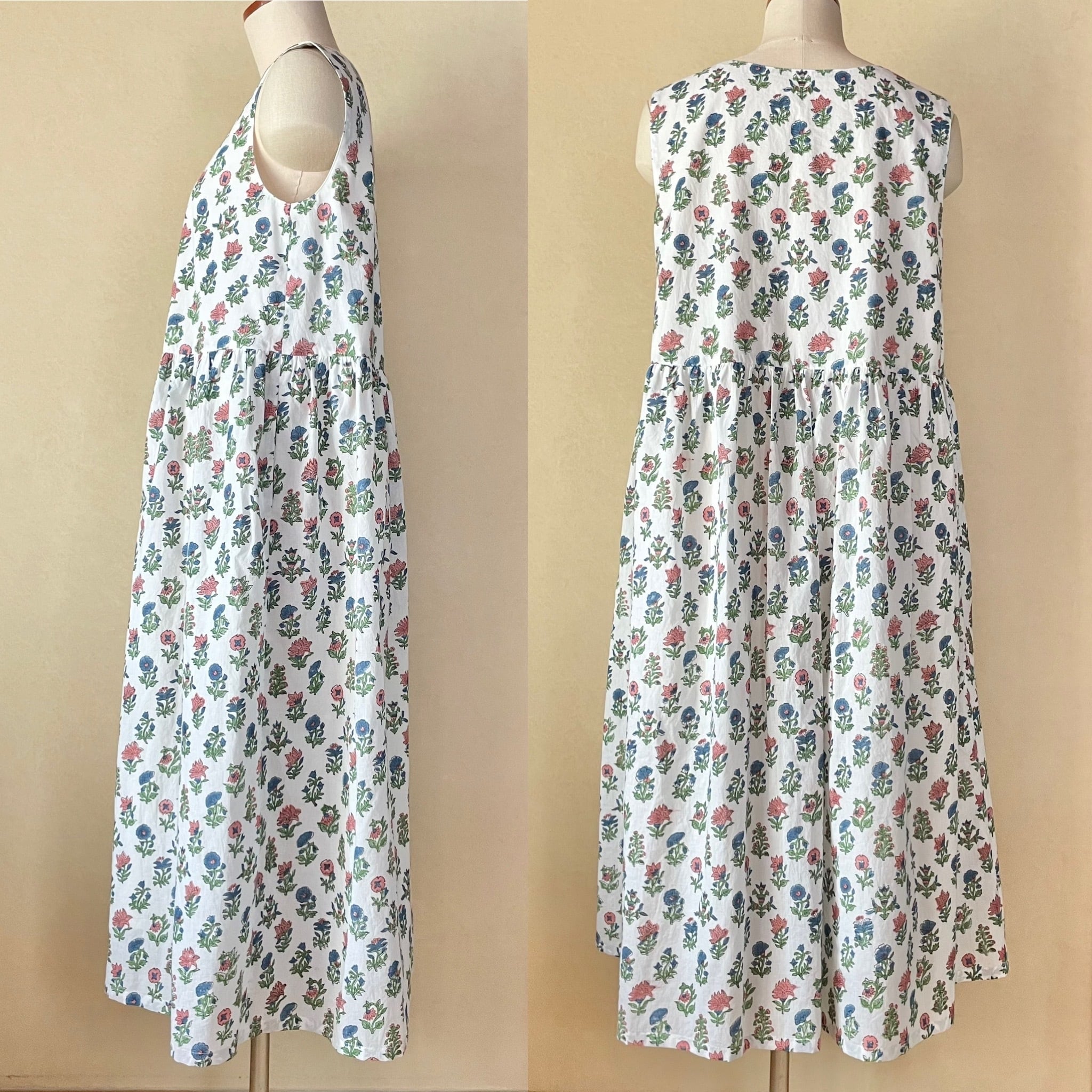 ウエスト切り替えノースリーブワンピース インド製ブロックプリント