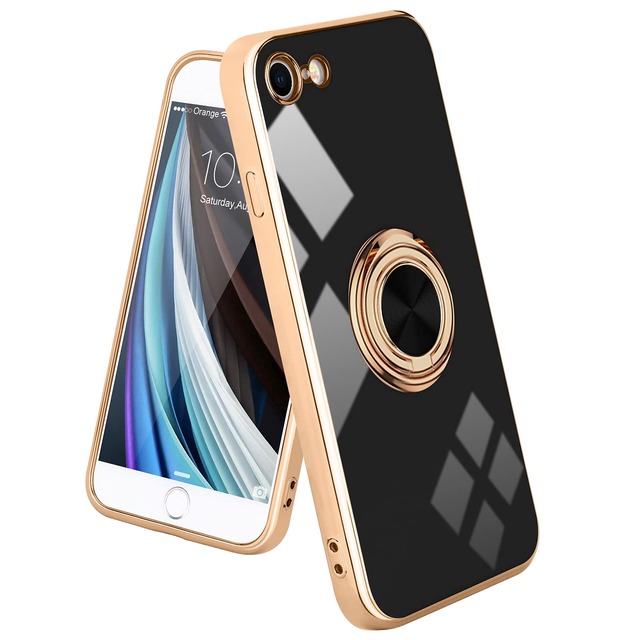 Wirvyuer iPhone 7/8/SE2020/2022 用 ケース リング付き 360°回転 スタンド機能 耐衝撃 無地(ブラック)