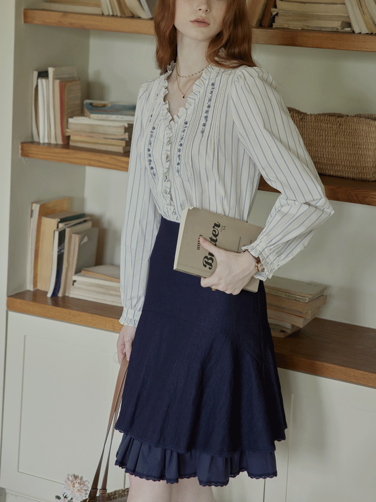 Poésie Bleue Embroidered Ruffle Blouse F0785