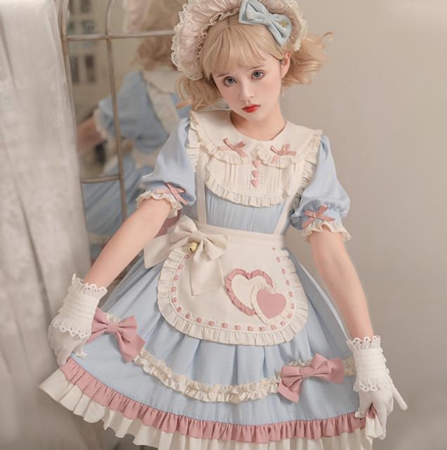 With U ゴスロリ系 ファッション メイド服 リボン アップリケ ハート ゴシック 原宿系 かわいい 地雷系 量産型 Y2K Z世代