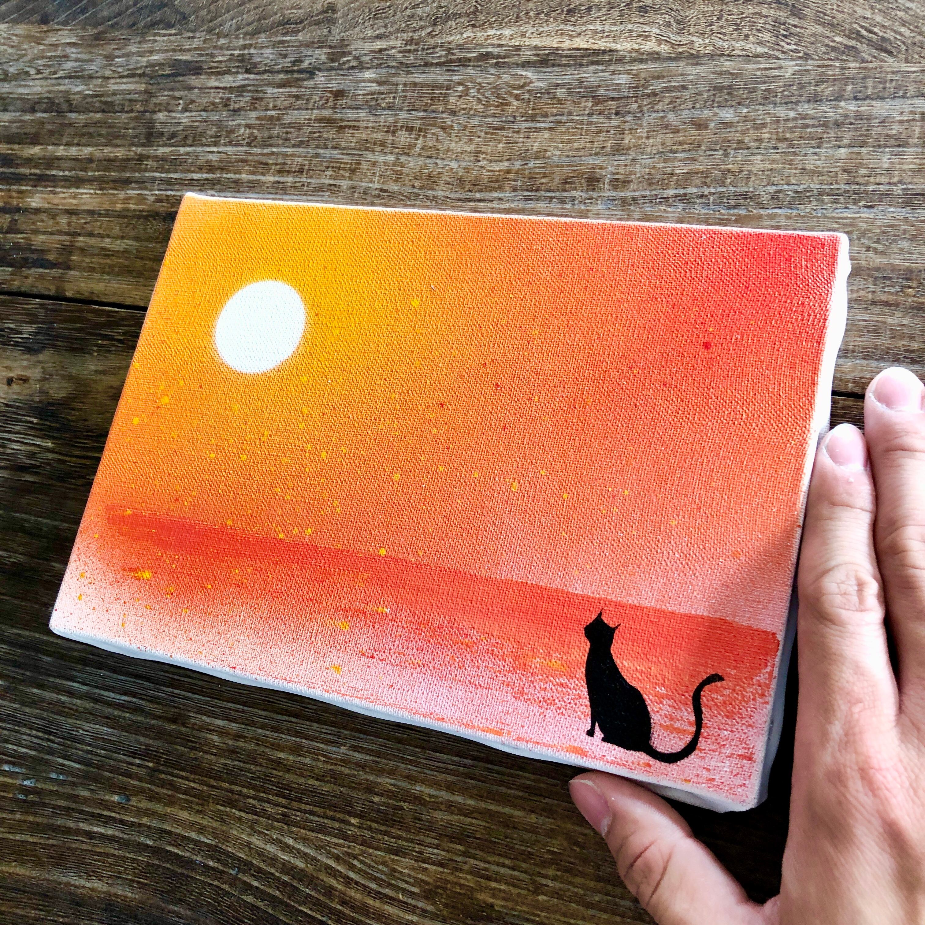 猫と夕日 原画 夕陽 海 黒猫 赤 オレンジ 絵画 キャンバス 風景画 スプレーアート インテリアパネル Aki Spray Paint