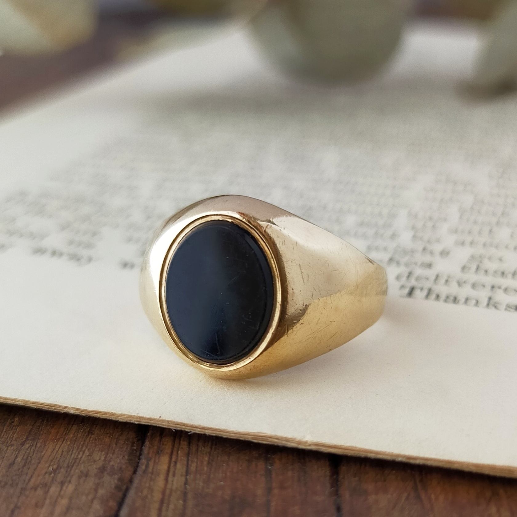英国 1972年 ヴィンテージ 9kゴールド オニキス シグネットリング