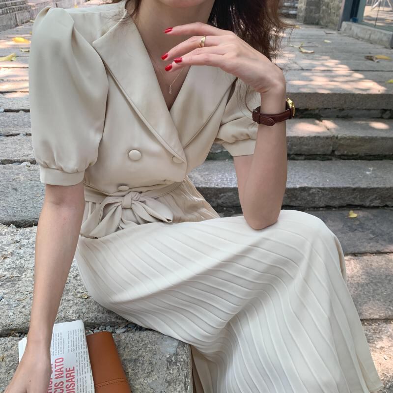 スカート サマーカジュアルスリムダブルブレストハイウェストプリーツドレス 夏物 ビッグFスモールZ韓国56897506862