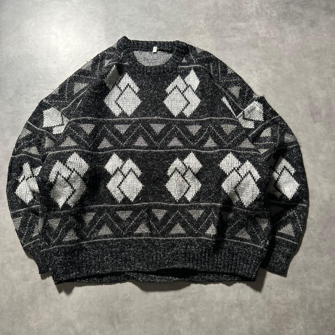 ヴィンテージ ノルディック柄 ギンガム ひし形 幾何学模様 デザインニット