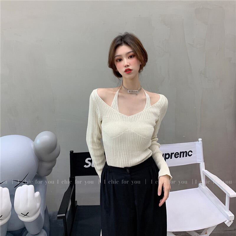 偽のツーピースホルターネックアプリコットニットセーターボトミングシャツ女性の2020年秋新しいタイトフィット長袖プルオーバートップ ブラックストロベリース70217903159