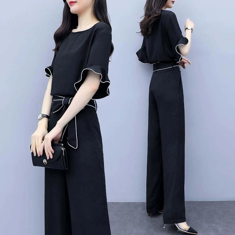 セットアップ 2点 ブラウス ワイド パンツ 共ベルト 着やせ 着回し(M9287)κ