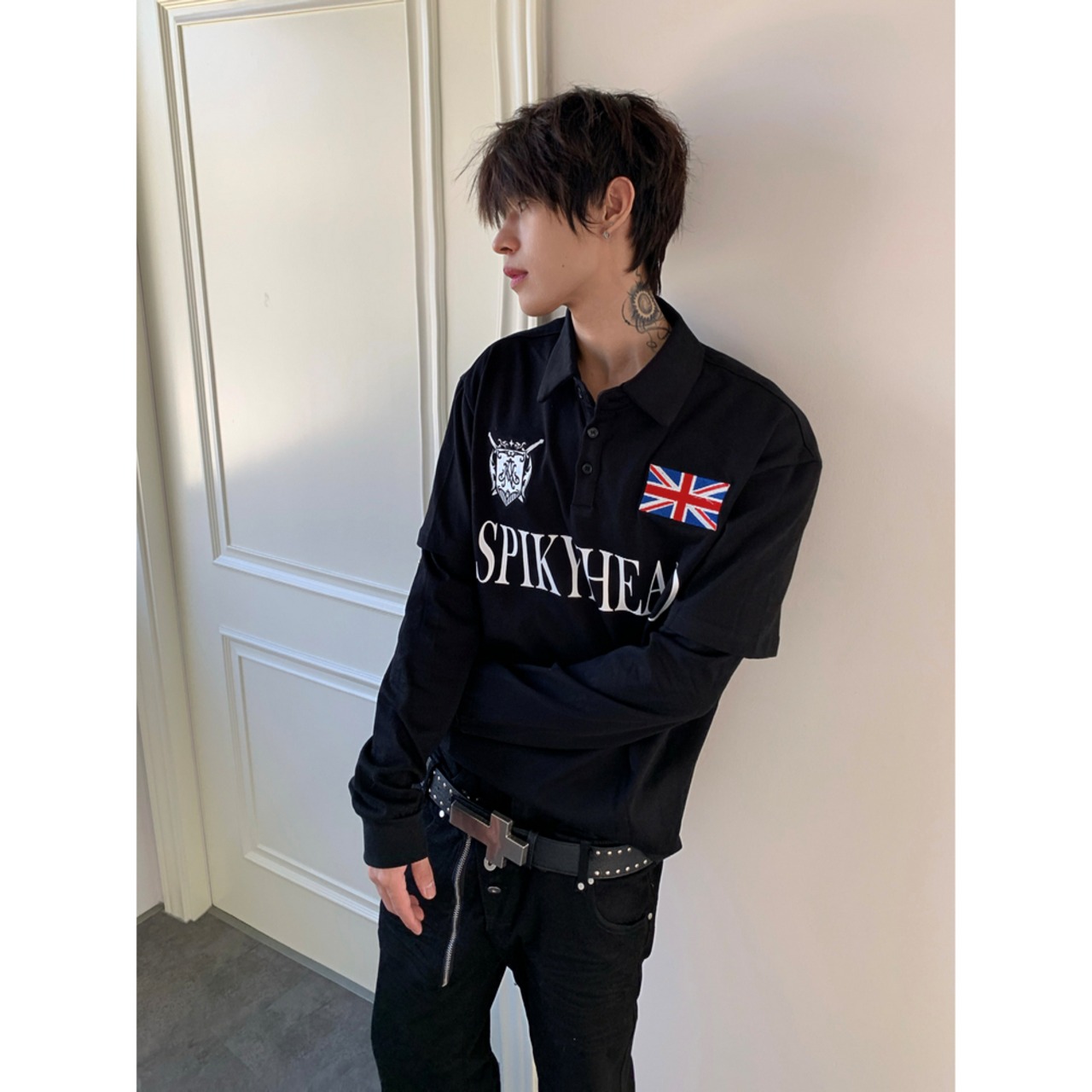 VINTAGE ストリート フェイクレイヤードポロロングTシャツ T2218