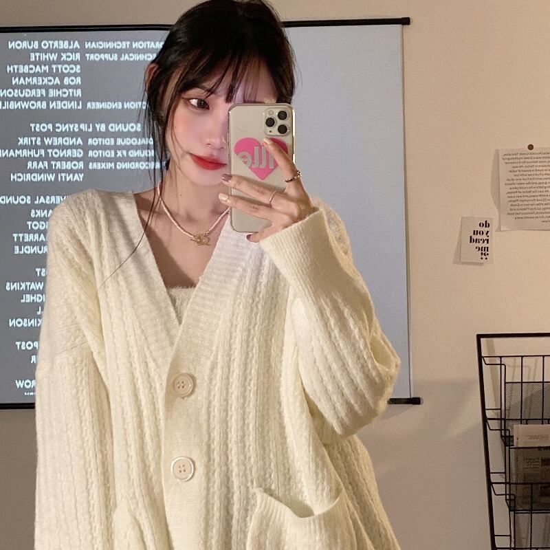 スタイルスタンダードホワイトルーズVネックセーター コート レトロ 大人ガーリー スウィート キュート カジュアル 萌量不足17635395681