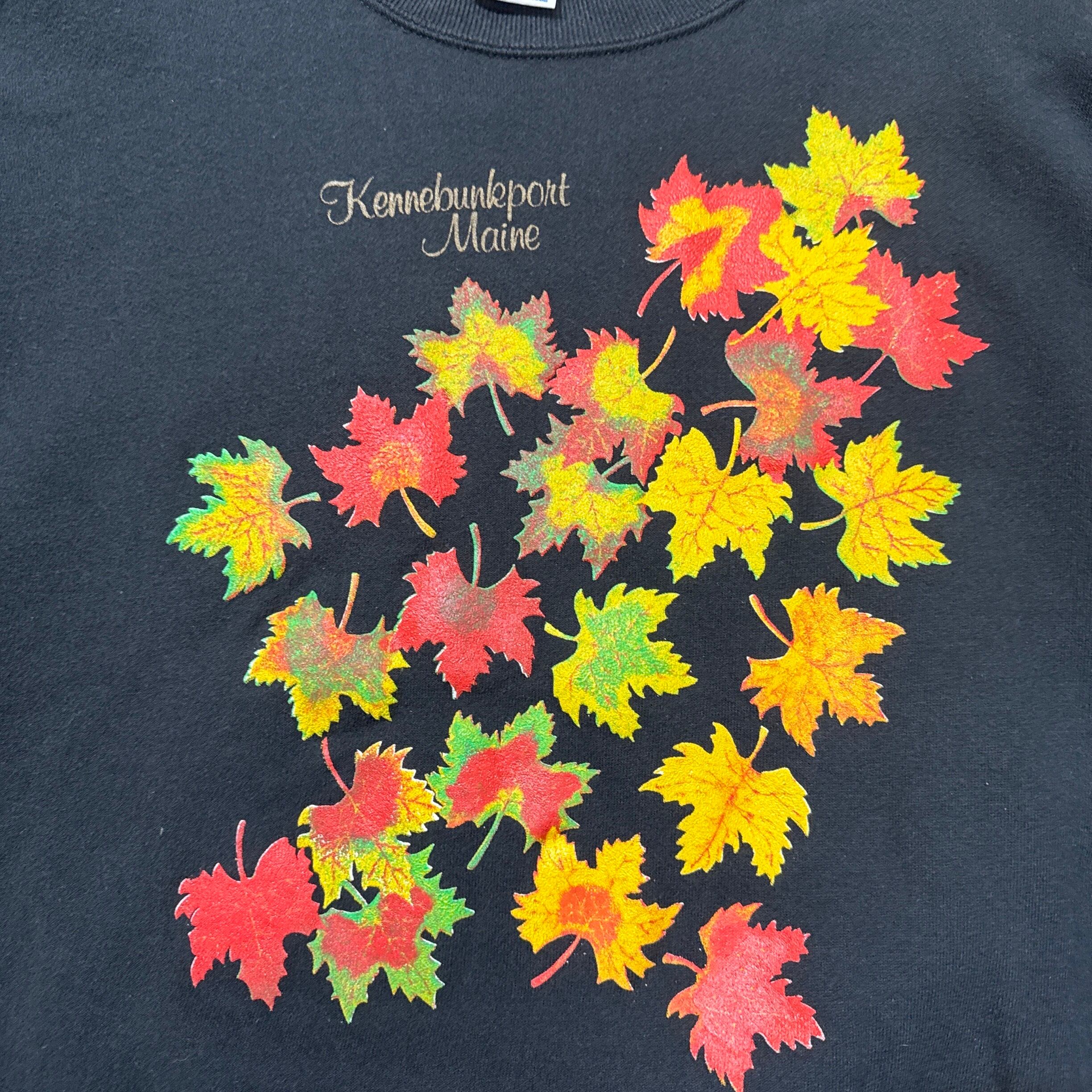 90s Autumn Leaves Print Sweat Art Black Made in USA L Size 90年代