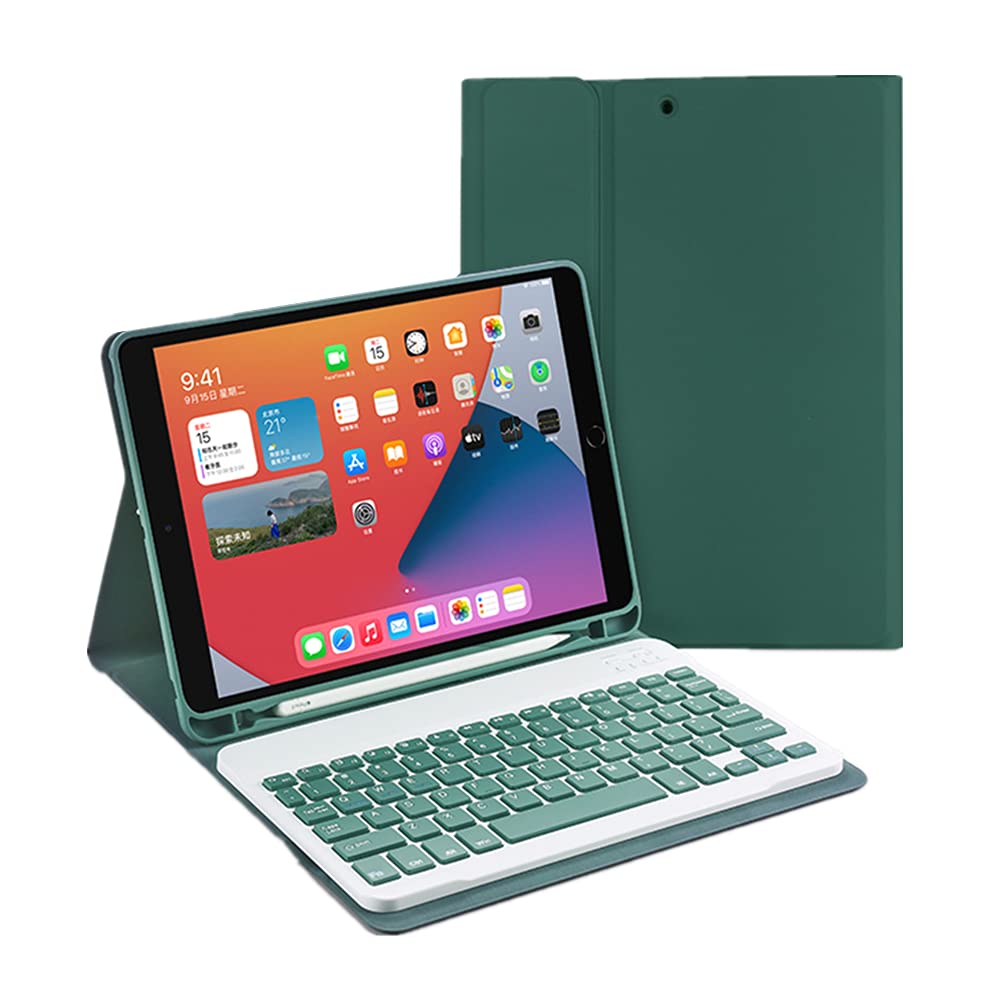 SENLAN お洒落キーボード ケース 適合 iPad 10.2インチ第 7 8 9世代 マグネット 分離式 Bluetooth キーボード 軽量 薄型 カラーキー可愛い ペン収納 おしゃれ (濃い緑)
