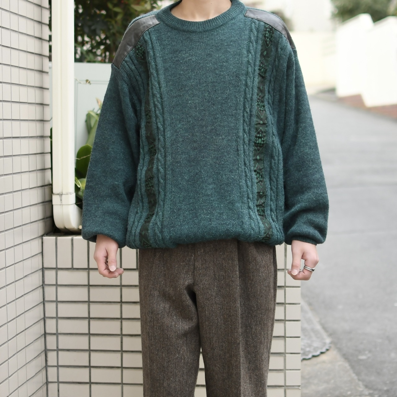 alpaca blend leather switching design knit