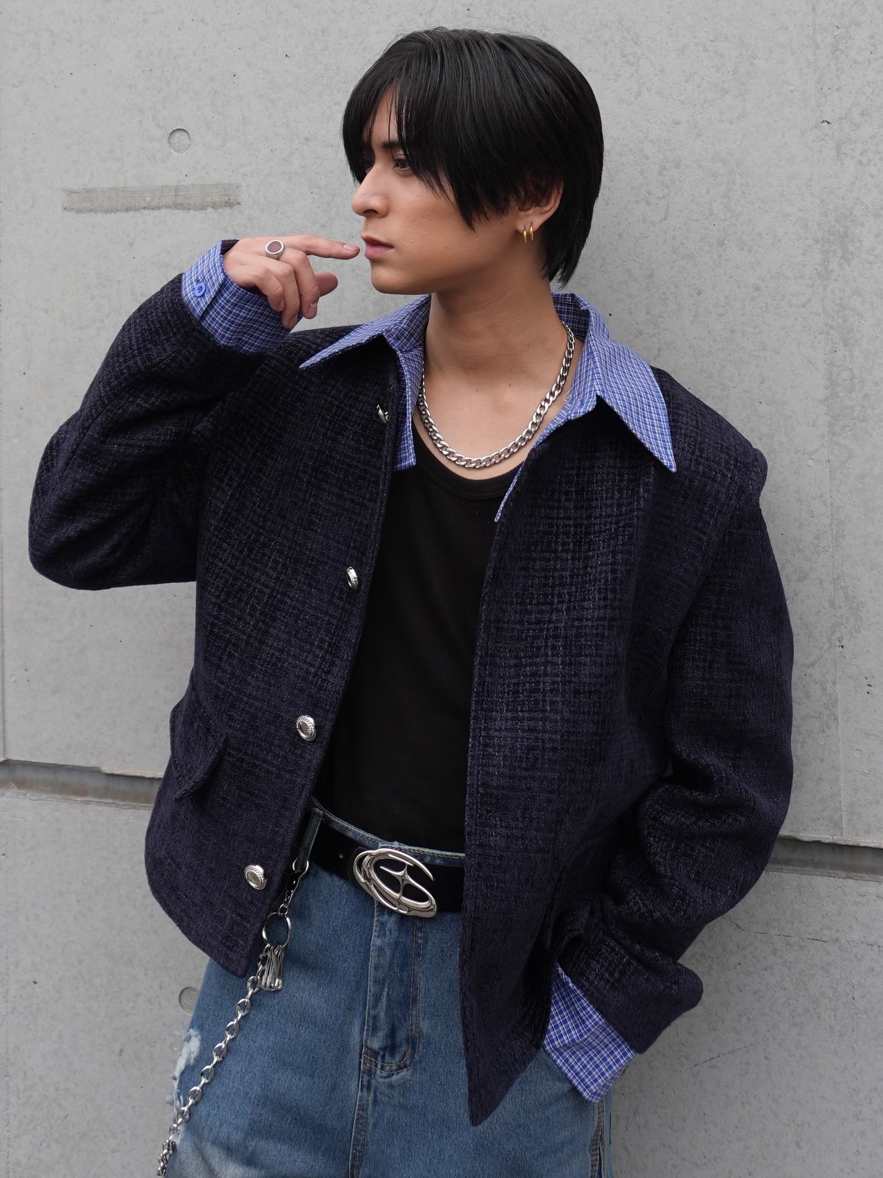 【ALUDE SELECT】check shirt docking tweed jacket