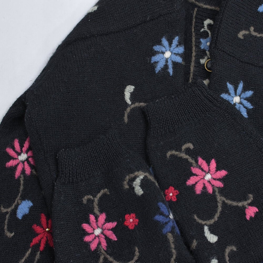 80～90s Bel-Sogno お花 総刺繍デザイン ウールニットカーディガン