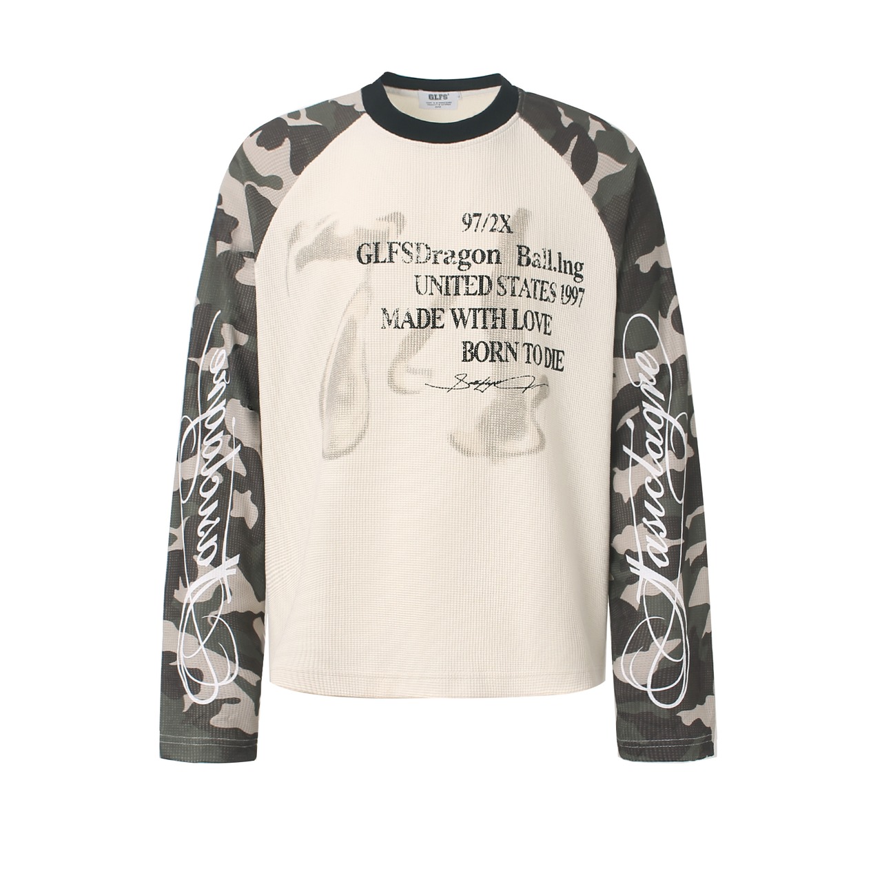 VINTAGE ストリート カモスリーブ ワッフルロングTシャツ T2230