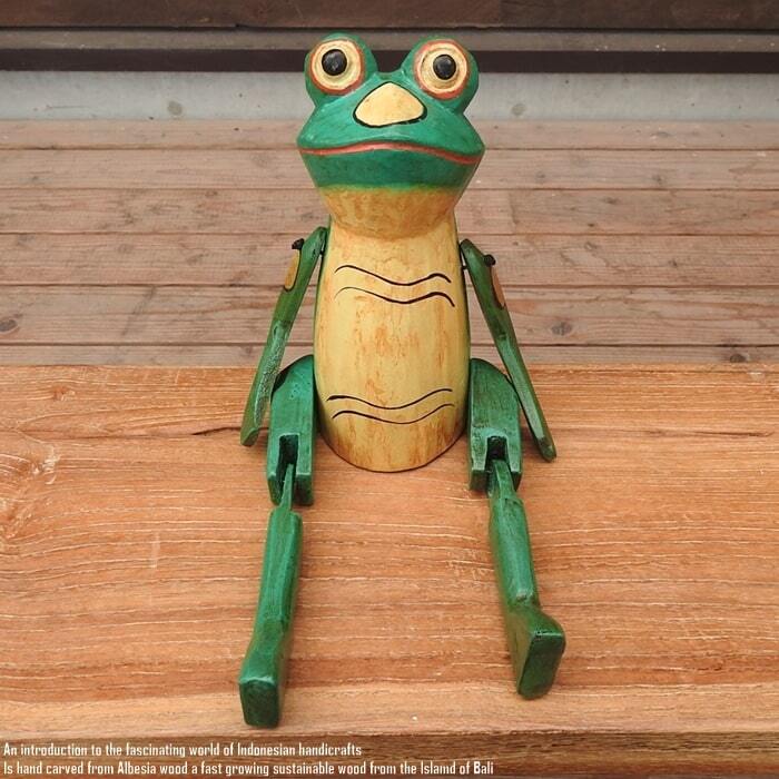 お座り カエルさん 黄色 Mサイズ 手足が動かせる木彫りの動物