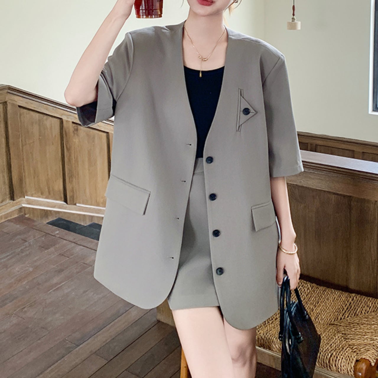 Gray jacket and short skirt set S1014