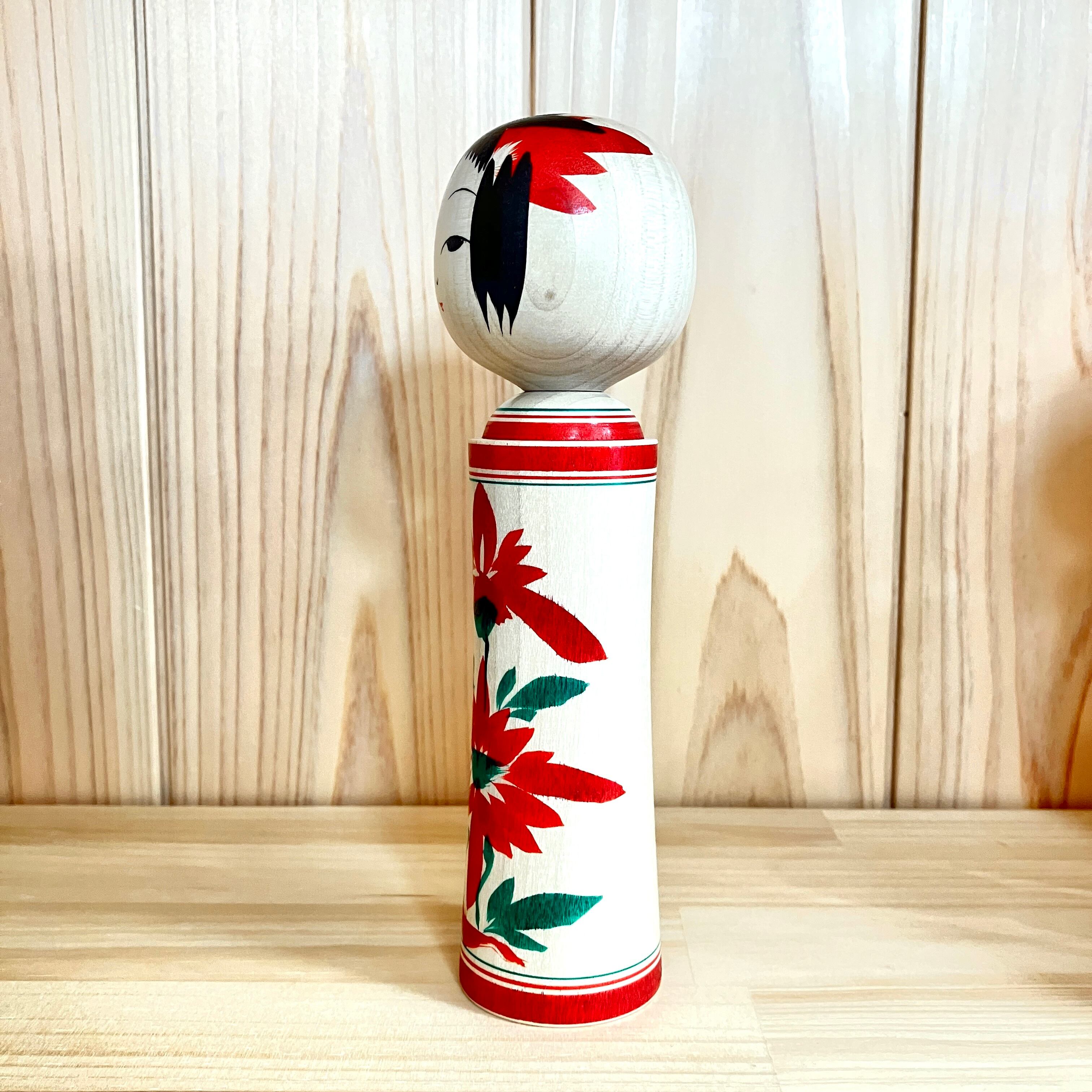 田邉香工人：鳴子系】6寸 こけし 菱菊 赤：18cm N4KT-50