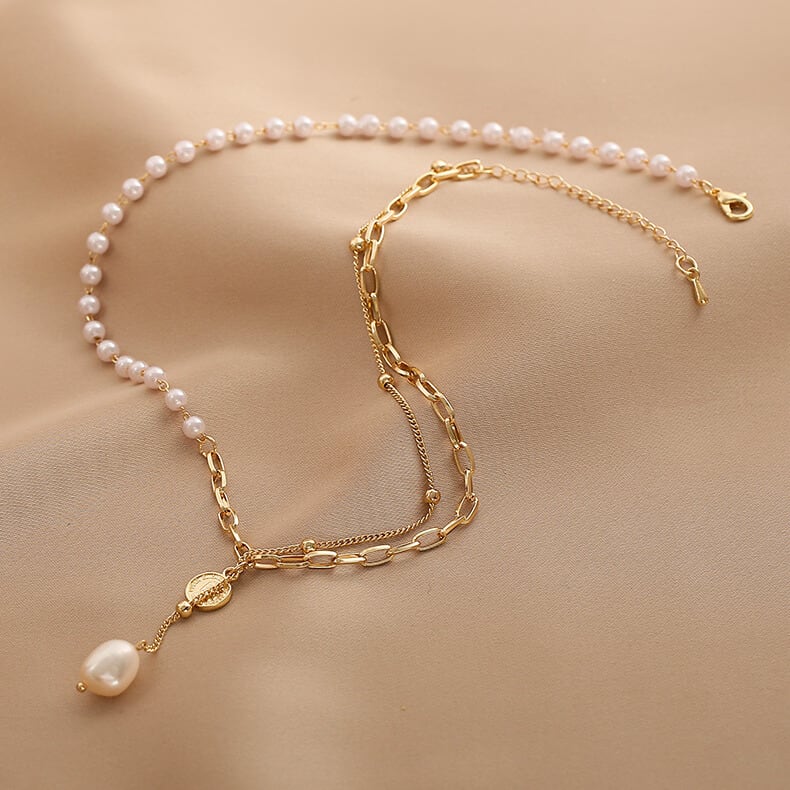 レイヤード チェーン パール ドロップ ネックレス H10125