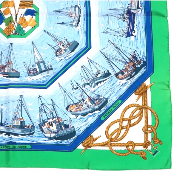 エルメス HERMES カレ90 スカーフ RETOUR DE PECHE 漁船の帰港 シルク ネイビー/ホワイト/ゴールド/レッド 漁船 ロープ 海 タグなし 大判スカーフ