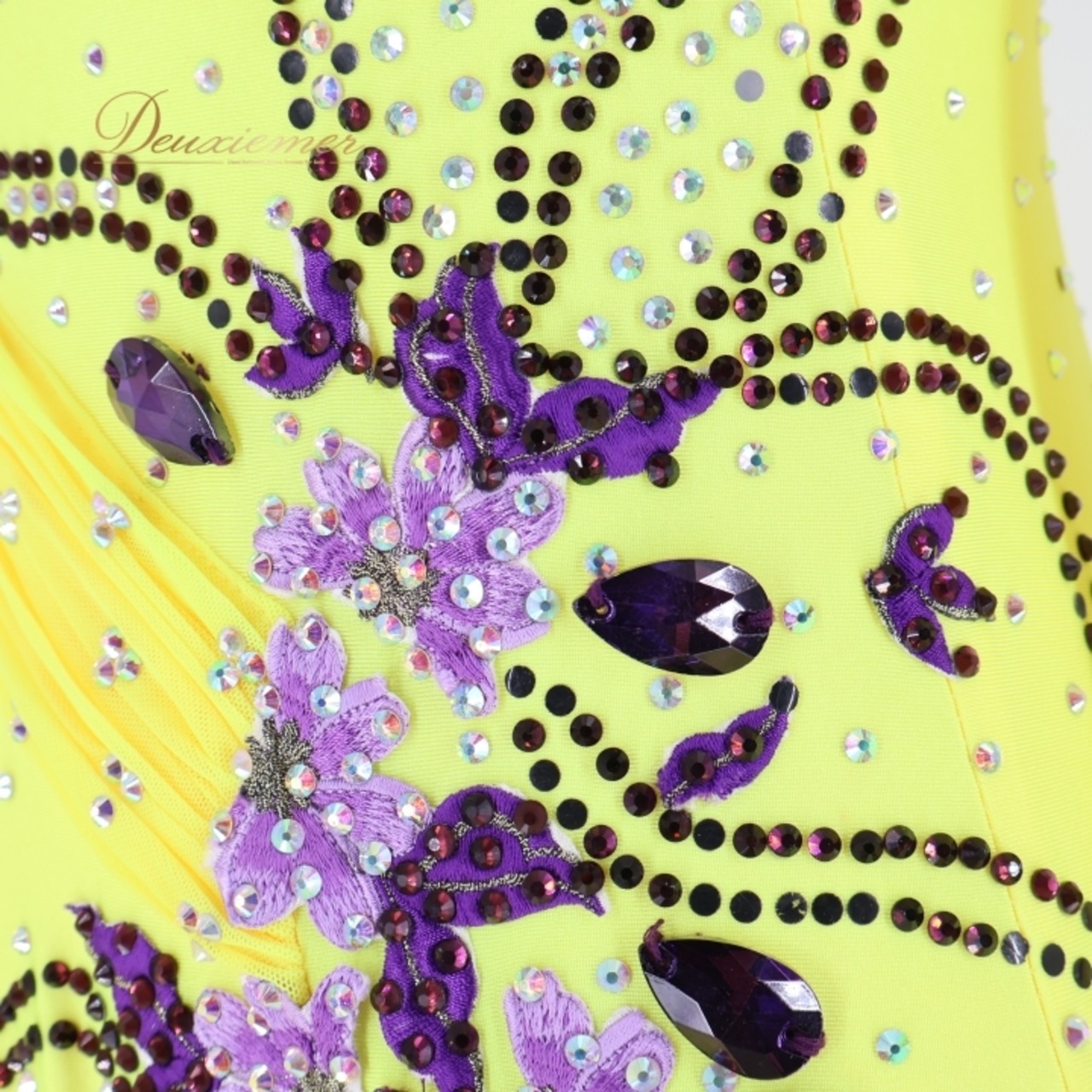 社交ダンス 衣装 スタンダードドレス ワンピース ドレス スタンダード 黄色 フロート レース フリル 光沢 紫  イエロー系 パープル系 デモ 競技 パーティ 発表会 スカート 重ね着 上品 おしゃれ 女性用 衣装 ドレスアップ 発表会用 光沢感 楽しい レディース