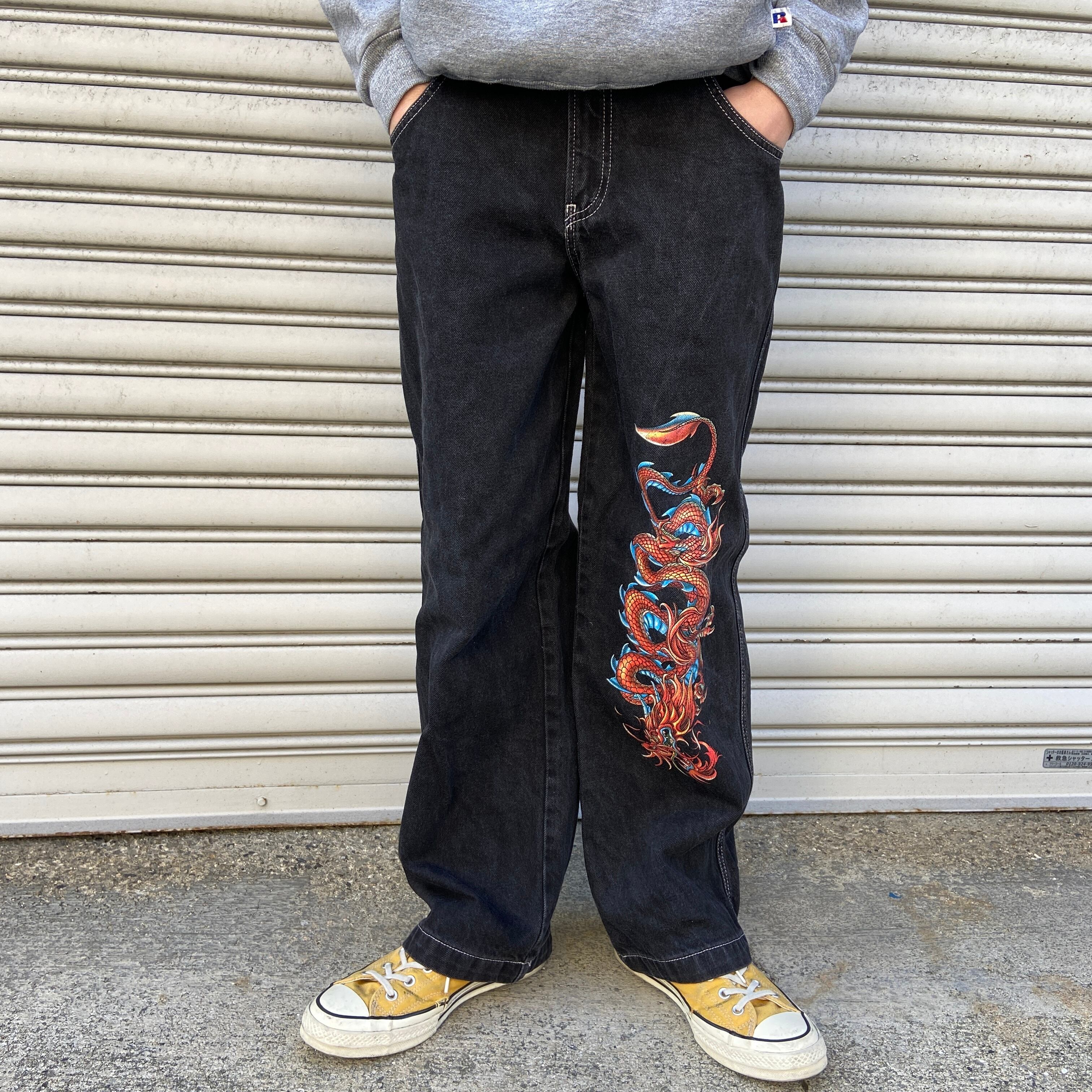 JNCOJEANS ブラックバギーパンツ デニムワイド ドラゴン 龍 S JNCOJEANS ブラックバギーパンツ デニムワイド ドラゴン 龍 S